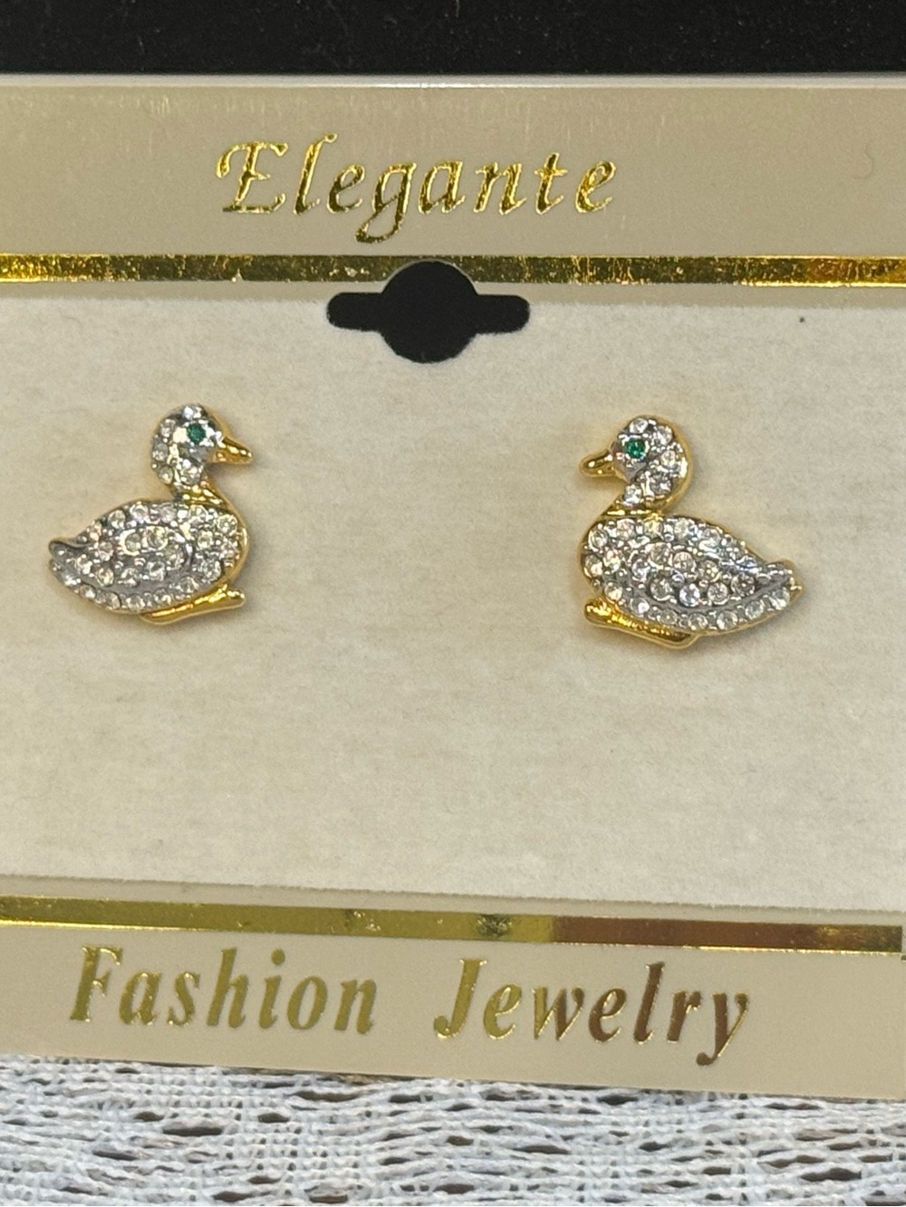 Gold Tone Duck Stud Earrings Clear and Green Stones Elegante Brand